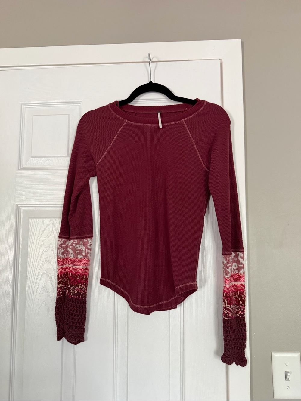 Free People Burgundy Crochet Print Sleeve Long Sleeve Thermal Top Sweater